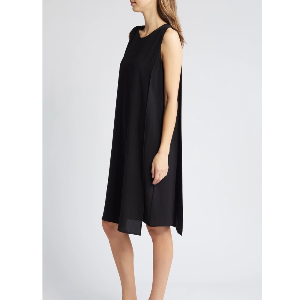 EILEEN FISHER Silk Georgette Crepe Overlay Dress in Black Size Small S